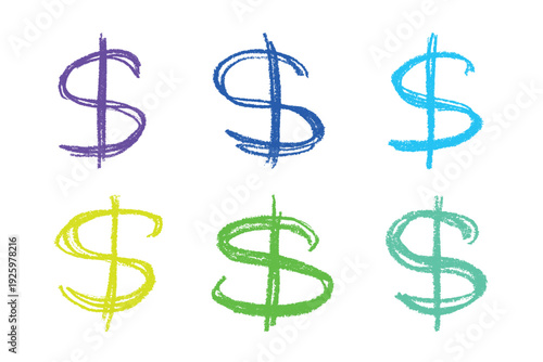 Set of hand drawn dollar currency symbol. Brush stroke doodle. Single element for design