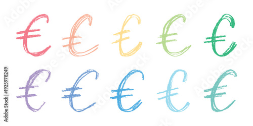 Set of hand drawn euro currency symbol. Brush stroke doodle. Single element for design