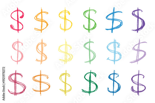 Set of hand drawn dollar currency symbol. Brush stroke doodle. Single element for design