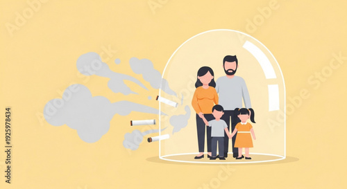 Family protected inside a glass dome from pollution and germs outdoors