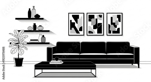 Modern minimalist living room interior with black couch coffee table shelves and abstract art