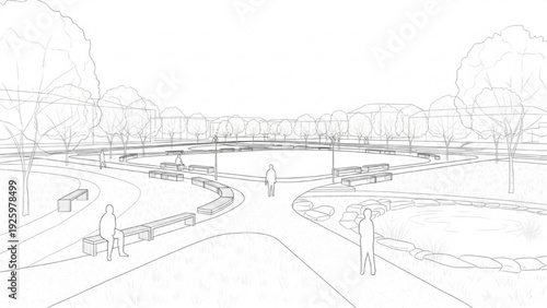 Architectural drawing of a serene public park with benches and trees