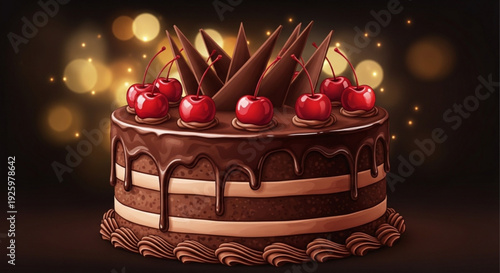 Delicious chocolate cake with cherries and chocolate shavings on top for dessert
