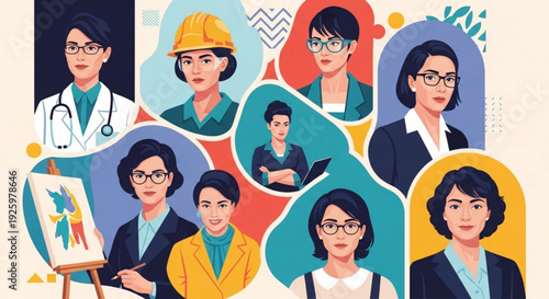 Diverse professionals with various occupations and expressions in a colorful collage illustration