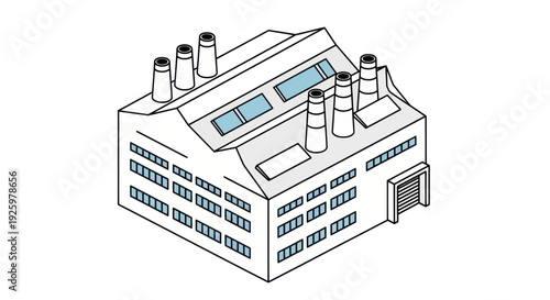 Isometric Drawing of a Factory Building with Smokestacks.
