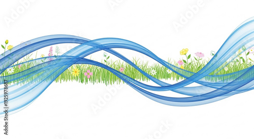 Vibrant blue waves flow over a colorful floral grassy landscape with green blades and pink yellow flowers on white background