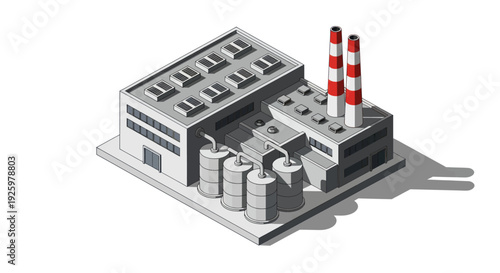 Isometric factory building with smokestacks and storage tanks.