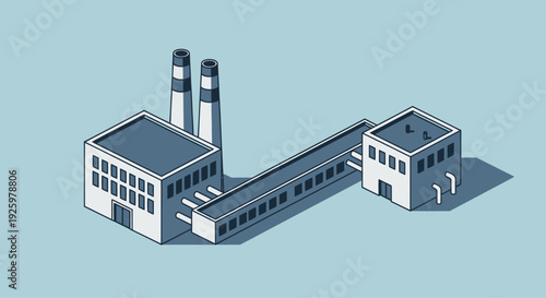 Isometric Factory Building with Smokestacks and Connecting Tunnel.