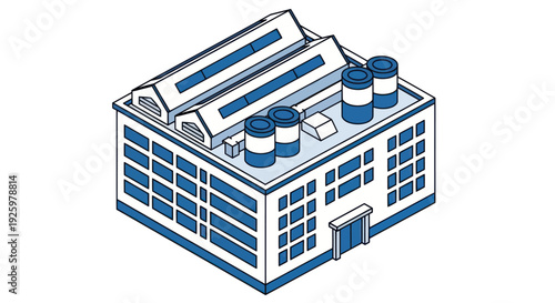 Isometric Factory Building with Smokestacks and Windows.