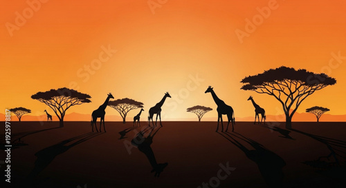 Silhouette of giraffes standing under trees at sunset in savannah with orange sky background