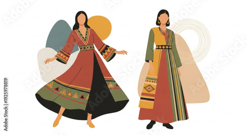 Two women wear traditional colorful long dresses with intricate patterns and designs standing side by side
