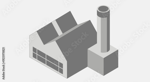 Isometric factory building with solar panels and smokestack.