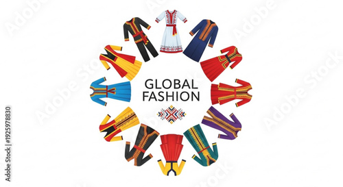 Vibrant global fashion illustration with traditional clothing from around the world on white background