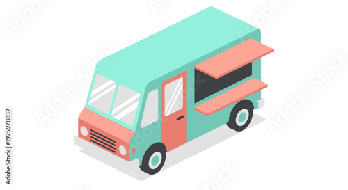 Isometric Food Truck Illustration with Mint Green and Coral Colors.