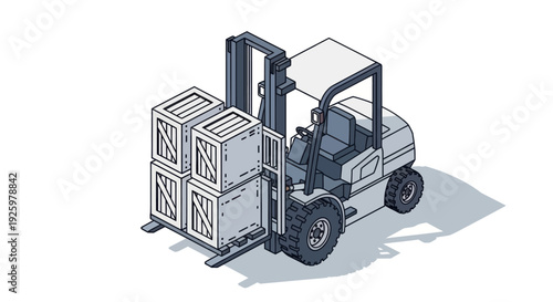 Isometric Forklift Truck Lifting Wooden Crates in Warehouse.