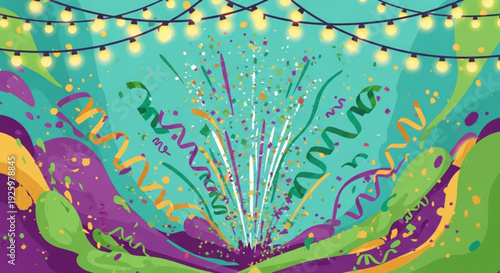 Vibrant party background with colorful confetti streamers and string lights on turquoise