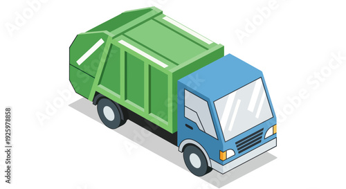 Isometric Green and Blue Garbage Truck for Waste Management.