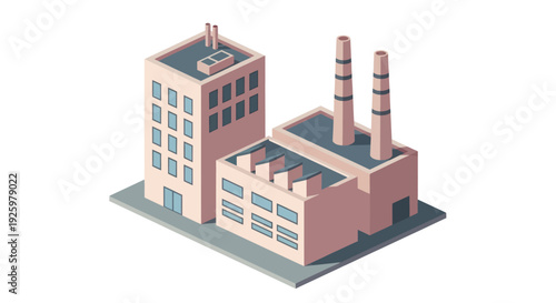 Isometric illustration of a modern factory and office building complex.
