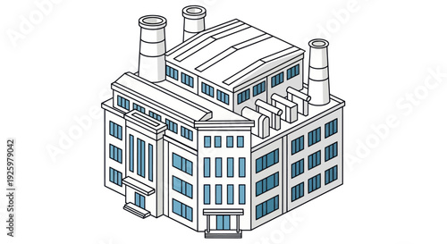 Isometric Illustration of a Modern Industrial Factory Building with Smokestacks.