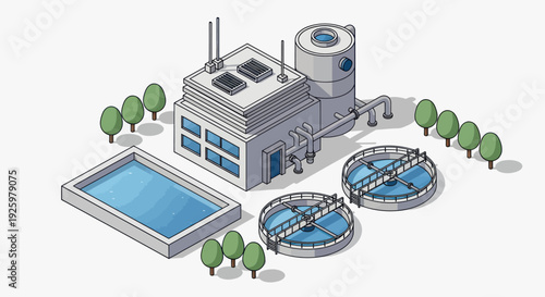 Isometric illustration of a modern water treatment plant facility.