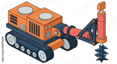 Isometric illustration of a powerful orange tracked drilling machine, heavy construction equipment for excavation.