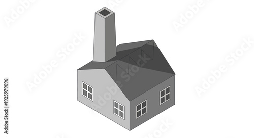 Isometric illustration of a simple gray house with a tall chimney.