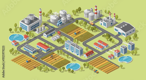 Isometric Industrial and Agricultural Cityscape with Factories and Farms.