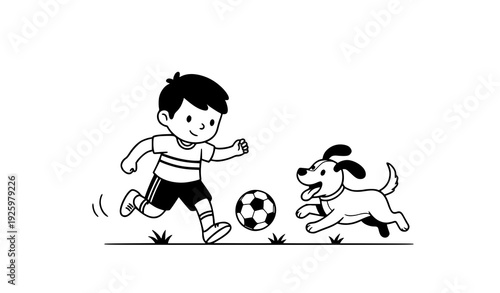 Cute boy playing soccer with dog on grass field isolated on transparent background