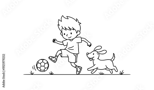 Minimal outline boy playing football with dog isolated on transparent background