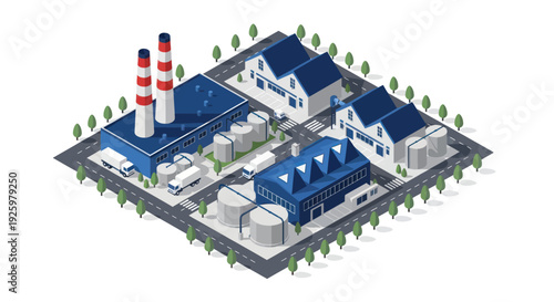 Isometric Industrial Area with Factories and Residential Buildings.