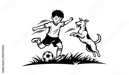 Decorative boy playing soccer with dog and ball on grass field isolated on transparent background