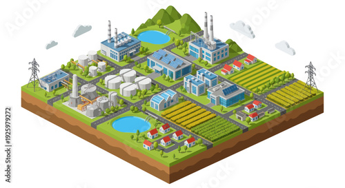 Isometric Industrial and Agricultural Landscape with Factories and Farms.