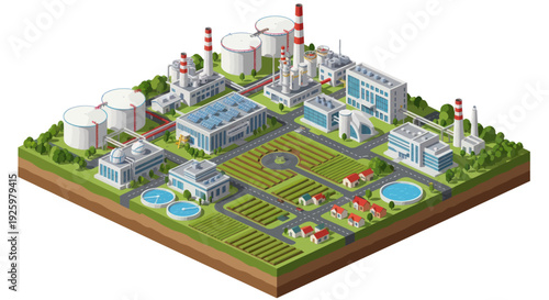 Isometric Industrial Complex with Factories and Green Spaces.