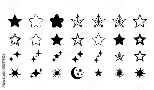 Set of thirty two black star icons in various shapes and styles isolated on transparent background
