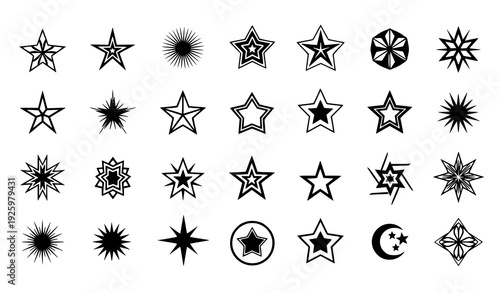 Decorative black star icon set with thirty two different shapes isolated on transparent background