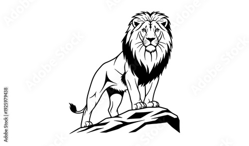 Black and white lion king of forest vector illustration isolated on transparent background