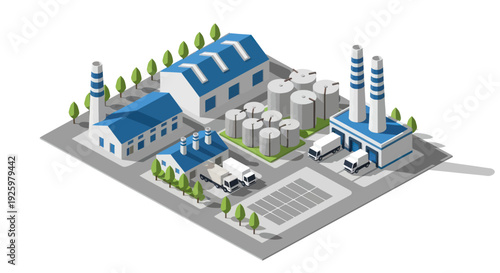 Isometric Industrial Complex with Factories and Storage Tanks.