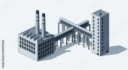 Isometric Industrial Factory Building with Connected Structures.