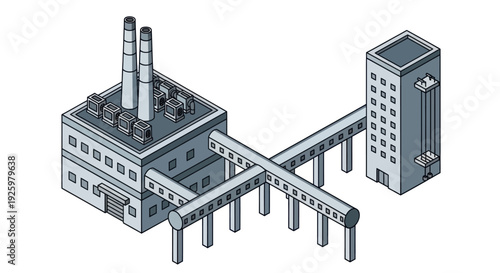 Isometric Industrial Factory Building with Connecting Walkways.