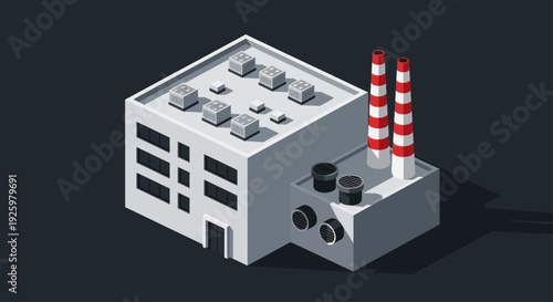 Isometric Industrial Factory Building with Smokestacks and Air Conditioners.