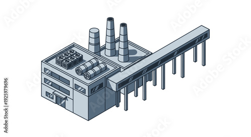 Isometric Industrial Factory Building with Smokestacks and Conveyor Belt.