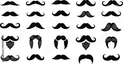 Collection of black mustache silhouettes and facial hair styles featuring various retro and modern designs isolated on a white background.