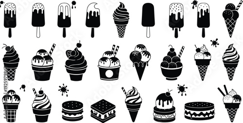 Collection of black ice cream silhouettes including popsicles soft serve cones sundae bowls and frozen dessert icons for summer food branding