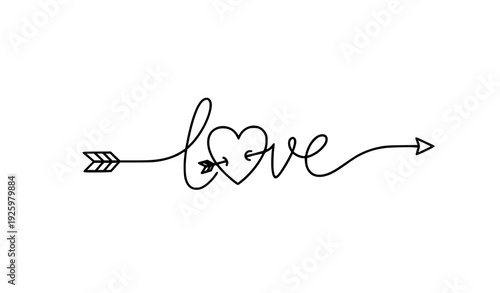 Minimal outline cursive love word with arrow and heart vector isolated on transparent background