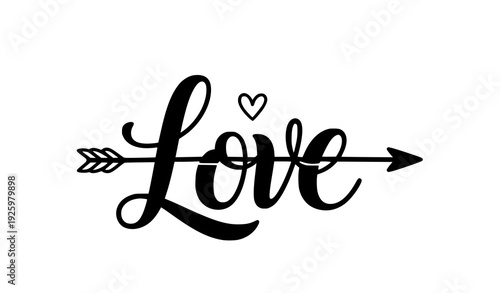 Decorative black cursive love word with arrow and heart isolated on transparent background