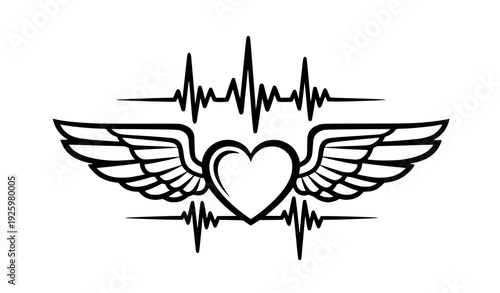 Decorative black and white heart with wings and ECG heartbeat vector isolated on transparent background