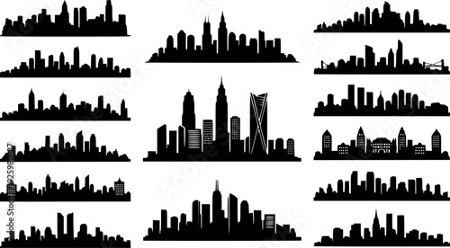 City silhouette vector set. Panorama city background. Skyline urban border collection