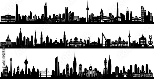 City silhouette vector set. Panorama city background. Skyline urban border collection