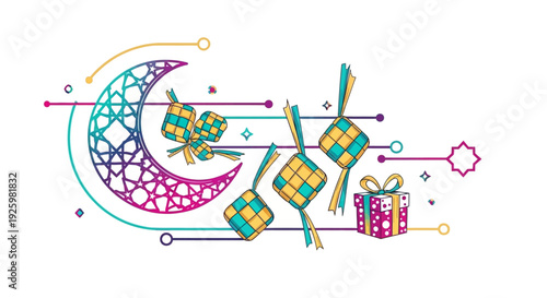 Colorful gifts and crescent moon design.