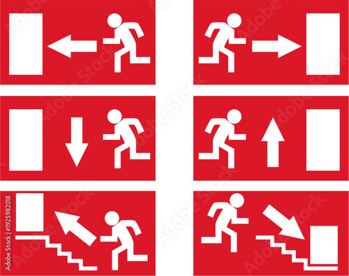 Emergency Exit Sign Direction Set, Fire Escape Arrow Symbols Collection, Red Safety Evacuation Vector